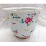 CHINESE FLORAL DECORATED POTTERY JARDINIERE - 22CM TALL Condition Report: Rim worn