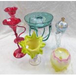 SELECTION OF COLOURED GLASS Condition Report: The short pink / yellow vase is in