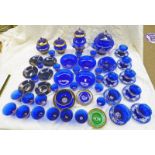 SELECTION OF GILT DECORATED BLUE GLASS CUPS & SAUCERS, TEAPOTS,