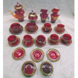 SELECTION OF GILT DECORATED RUBY GLASS CUPS AND SAUCERS, JUGS,