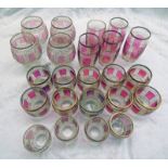 SET OF 10 MURANO GLASS RED, WHITE & GILT SMALL GLASSES,