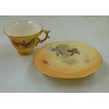 ROYAL WORCESTER CUP & SAUCER WITH AVIAN DECORATION