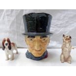 ROYAL DOULTON 'JOHN PEEL' CHARACTER JUG TOGETHER WITH TWO ROYAL DOULTON PORCELAIN DOGS