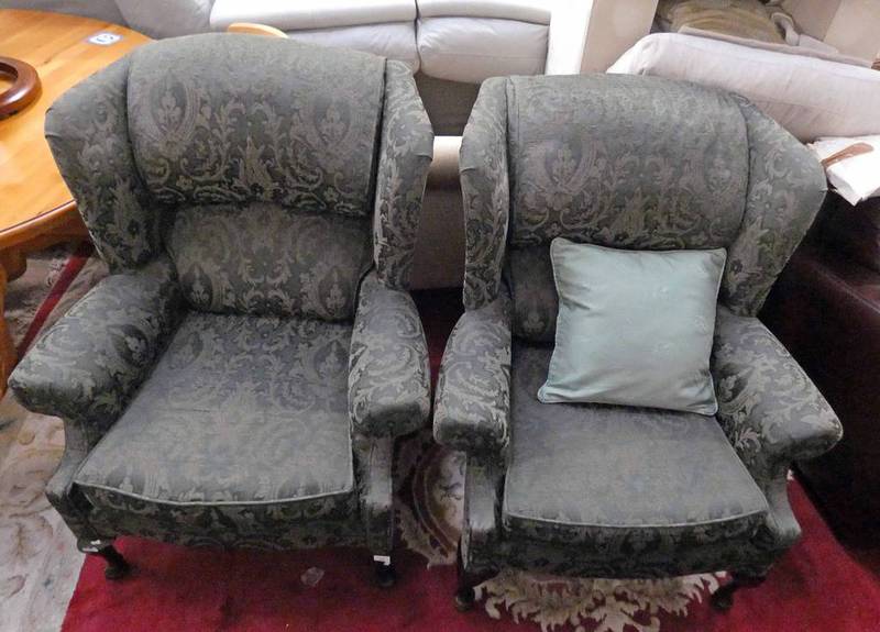 PAIR GREEN OVERSTUFFED WINGBACK ARMCHAIRS ON QUEEN ANNE SUPPORTS