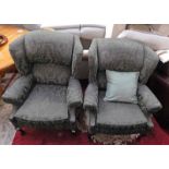 PAIR GREEN OVERSTUFFED WINGBACK ARMCHAIRS ON QUEEN ANNE SUPPORTS