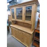 LATE 19TH CENTURY PINE DRESSER WITH 3 GLAZED PANEL DOORS OVER 3 DRAWERS& 3 PANEL DOORS ON BUN FEET