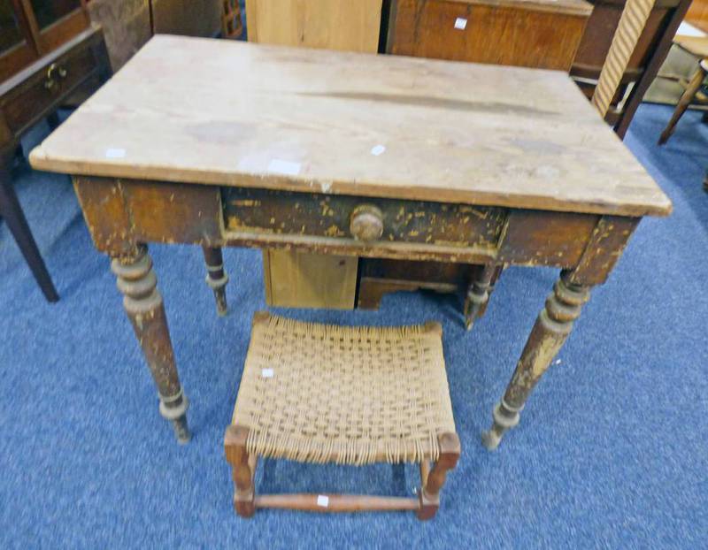 19TH CENTURY PINE RECTANGULAR TABLE WITH DRAWER & ROPE WORK STOOL.