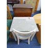 MAHOGANY CABINET WITH FALL FRONT OVER 2 PANEL DOORS ON SHAPED SUPPORTS WITH CHILD'S DESK & CHAIR