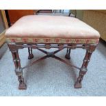 MAHOGANY DRESSING STOOL WITH TRIPLE COLUMN SUPPORTS & UNDERSTRETCHER,