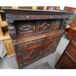 18TH CENTURY OAK COURT CUPBOARD WITH 2 SMALL DOORS OVER 2 DRAWERS OVER 2 PANEL DOORS ON BUN FEET