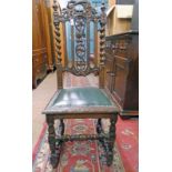 19TH CENTURY CARVED OAK HALL CHAIR ON TURNED SUPPORTS 109CM TALL