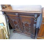 19TH CENTURY OAK CABINET WITH DRAWER OVER 2 PANEL DOORS ON PLINTH BASE 104CM TALL X 108CM WIDE