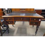 19TH CENTURY MAHOGANY DESK WITH CENTRALLY SET DRAWER FLANKED BY 2 DRAWERS TO EITHER SIDE ON TURNED