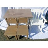 PINE CHILDS TABLE ON SQUARE SUPPORTS WITH 2 CHAIRS AND TODDLERS ROCKING CHAIR