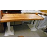 RECTANGULAR PINE TABLE ON WHITE COLUMN BASE .