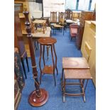 MAHOGANY POT STAND, 2 LEATHER TOPPED TABLES,