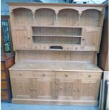 PINE KITCHEN DRESSER WITH PLATE RACK BACK OVER 4 DRAWERS & 4 PANEL DOORS 205 CM TALL