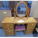 PINE CHEST OF DRAWERS WITH 4 DRAWERS TO EITHER SIDE PINE OVAL MIRROR & STOOL.