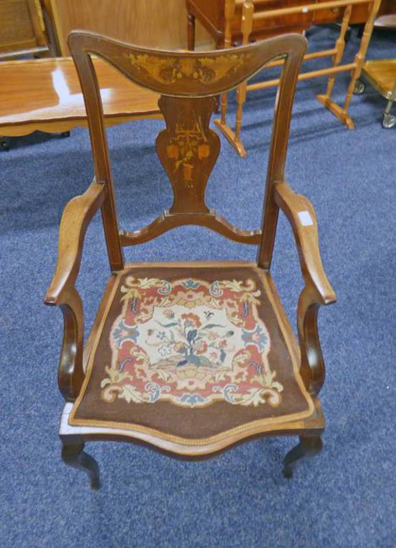 19TH CENTURY MAHOGANY OPEN ARMCHAIR WITH INLAID MARQUETRY DECORATION 93CM TALL