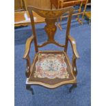 19TH CENTURY MAHOGANY OPEN ARMCHAIR WITH INLAID MARQUETRY DECORATION 93CM TALL