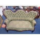 VICTORIAN MAHOGANY BUTTON BACK SETTEE WITH SHAPED BACK & CABRIOLE SUPPORTS 102 CM TALL X 176 CM