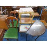 2 19TH CENTURY MAHOGANY CHAIRS, MAHOGANY RECTANGULAR TABLE, MAHOGANY SEWING TOP, WALNUT STOOL,