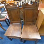 PAIR OF 19TH CENTURY OAK HALL CHAIRS WITH PANEL BACK & SQUARE SUPPORTS 110CM TALL