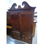 19TH CENTURY MAHOGANY ARMOIRE WITH 2 PANEL DOORS OVER 4 DRAWERS & BRACKET SUPPORTS 229 CM TALL X