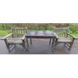 GARDEN TABLE & PAIR GARDEN ARMCHAIRS