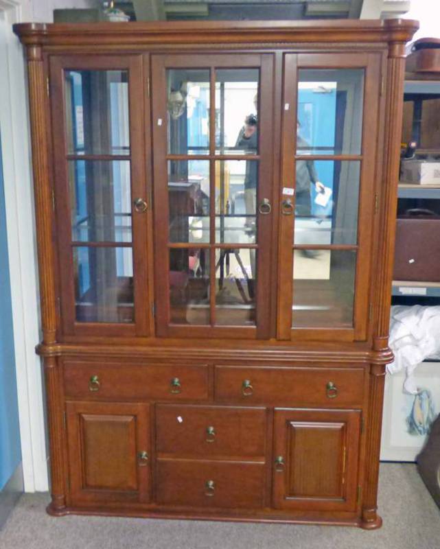 21ST CENTURY HARDWOOD SIDE CABINET WITH 3 GLAZED DOORS OVER DRAWER & PANEL DOORS 196 CM TALL X 144