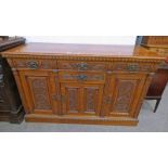 19TH CENTURY CARVED OAK SIDEBOARD WITH 4 DRAWERS & 4 PANEL DOORS ON PLINTH BASE 98CM TALL X 153CM