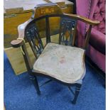 MAHOGANY CORNER CHAIR WITH BOXWOOD FLORAL INLAY ON SQUARE TAPERED SUPPORTS WITH UNDERSTRETCHERS,