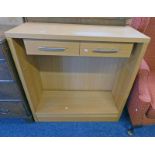 BEECH CABINET WITH 2 DRAWERS OVER SHELVED INTERIOR