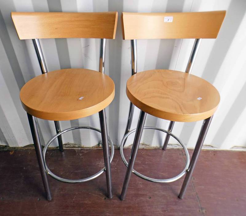 PAIR OF BAR CHAIRS WITH CHROME FRAMES AND BEECH TOPS