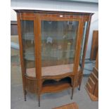 LATE 19TH CENTURY INLAID MAHOGANY DISPLAY CASE WITH SERPENTINE FRONT & SQUARE SUPPORTS 183CM TALL
