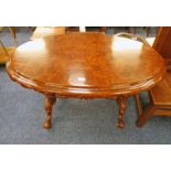 VICTORIAN OVAL WALNUT CENTRE TABLE WITH CARVED SPREADING SUPPORTS 114CM LONG X 72CM TALL