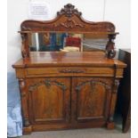 VICTORIAN MAHOGANY MIRROR BACK CHIFFONIER WITH DRAWER OVER 2 PANEL DOORS ON PLINTH BASE WITH CARVED
