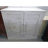 19TH CENTURY PAINTED 2 DOOR CABINET WITH FITTED INTERIOR 110CM TALL X 117CM WIDE X 60CM DEEP