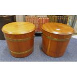 PAIR OF LIDDED BRASS BOUND MAHOGANY TUBS 36CM TALL