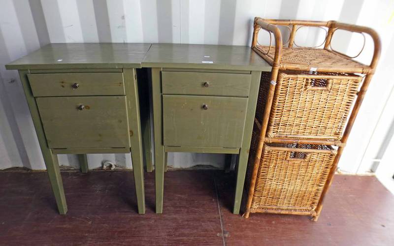 2 STAINED BEDSIDE CABINETS WITH A WICKER STORAGE BASKET Condition Report: The green