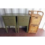 2 STAINED BEDSIDE CABINETS WITH A WICKER STORAGE BASKET Condition Report: The green