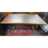 EARLY 20TH CENTURY OAK KITCHEN TABLE WITH TURNED SUPPORTS 76CM TALL X 167CM LONG