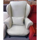 GREEN & WHITE STRIPPED OVERSTUFFED ARMCHAIR ON MAHOGANY SUPPORTS