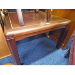 MAHOGANY SQUARE TOPPED TABLE ON SQUARE SUPPORTS