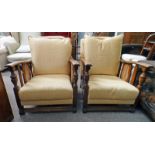 PAIR OF EARLY 20TH CENTURY OAK ARMCHAIRS WITH BERGERE PANELS & TURNED SUPPORTS 81CM TALL