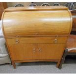20TH CENTURY TEAK CYLINDER BUREAU WITH FITTED INTERIOR DRAWER & 2 PANEL DOORS 99CM TALL