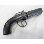 AN ENGLISH SIX BARREL PEPPER BOX REVOLVER WITH 8CM LONG BARRELS, FOLIAGE ENGRAVED LOCKS,