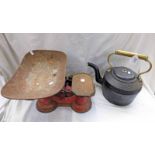 BRASS & CAST IRON HOLCROFT 1- PINT KETTLE & KITCHEN SCALES & WEIGHTS