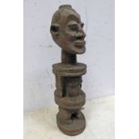 CONGO CARVED WOOD FIGURE WITH GIRDLE SHOULDERS AND BASKET WEAVE CARVING TO WAIST,