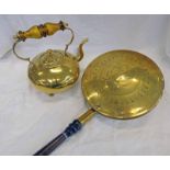 BRASS KETTLE WITH GLASS HANDLE AND A ARTS AND CRAFTS BRASS BED WARMING PAN -2-